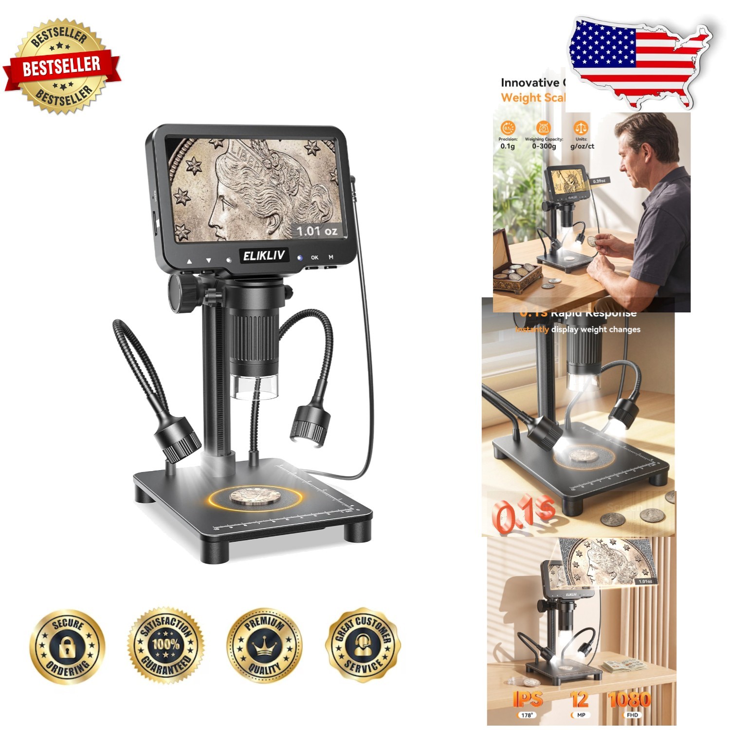 Coin Microscope 0.1g Scale 1000X Magnification 4.3" IPS Screen