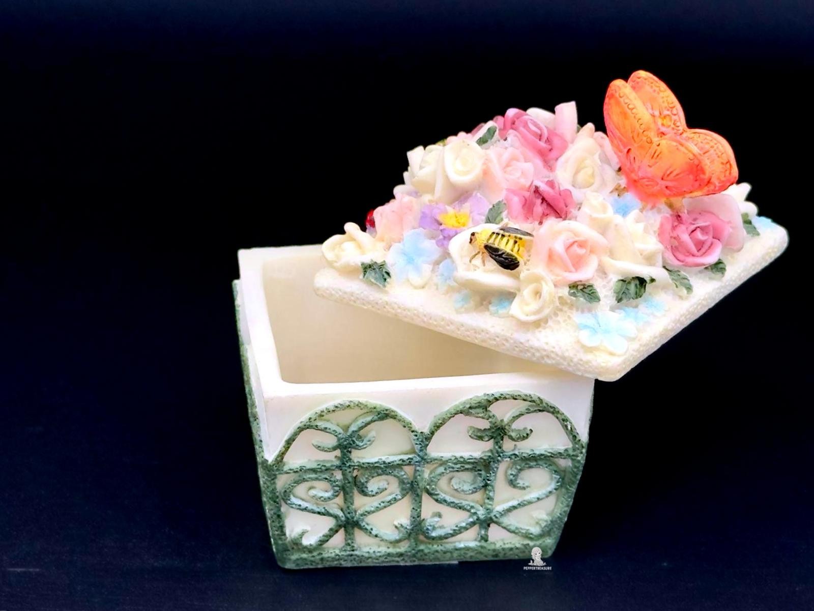 Hand-Painted Floral Birdhouse Trinket Box with Butterfly