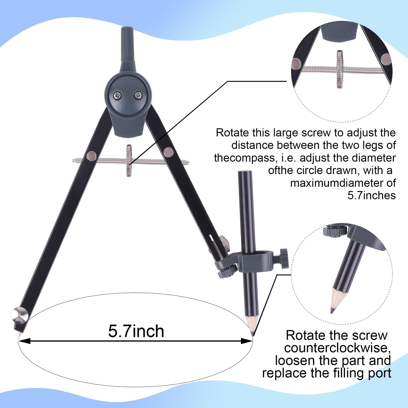 UNJOO Professional Compass for Geometry Set, Metal with Wheel Silver
