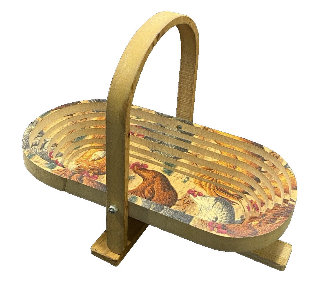 Vtg Collapsible Folding Wood Basket Rooster Design Handmade Country Farmhouse