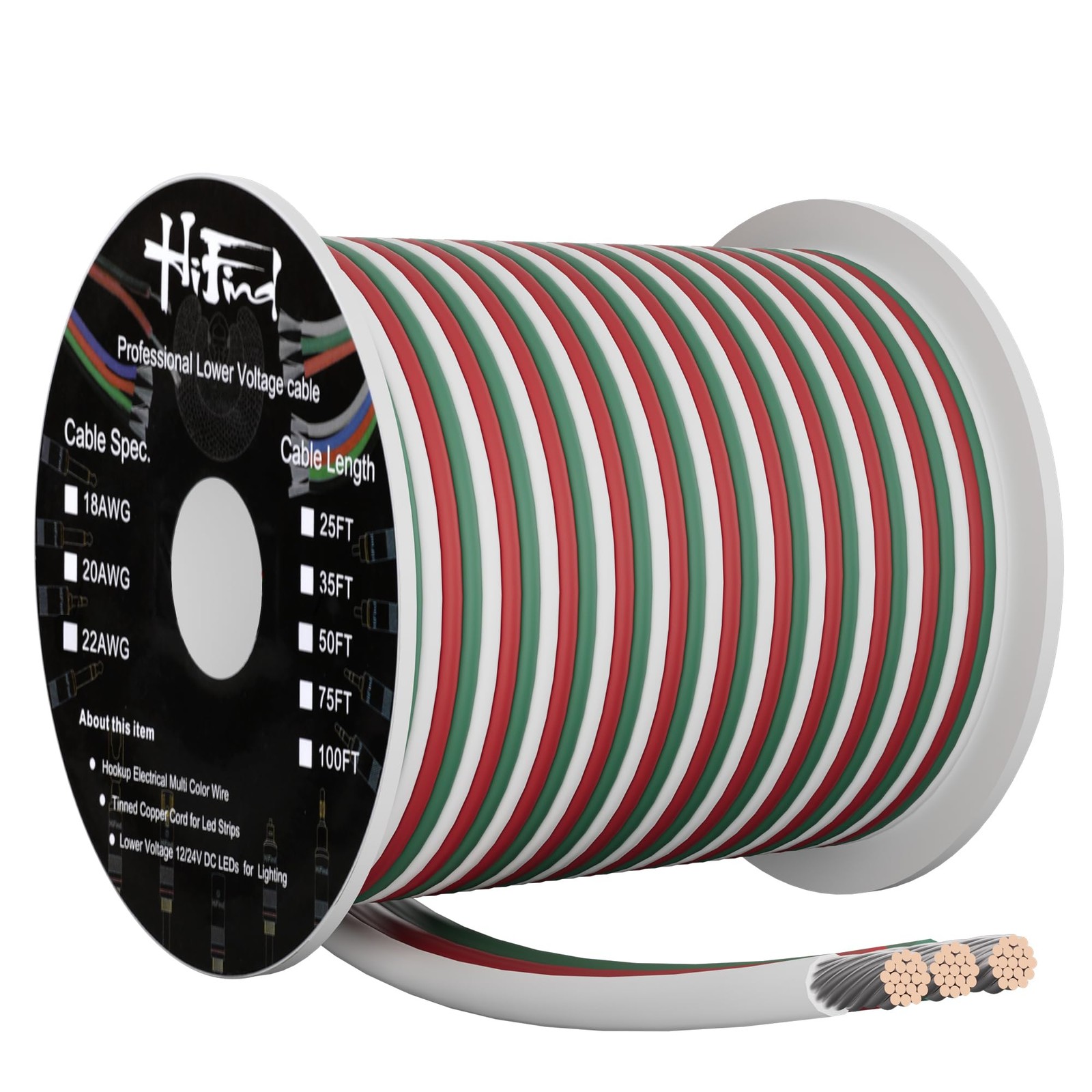 HiFind 22 Gauge 3 Conductor Electrical Wire 50 Ft, 22 50FT, White; Red; Green