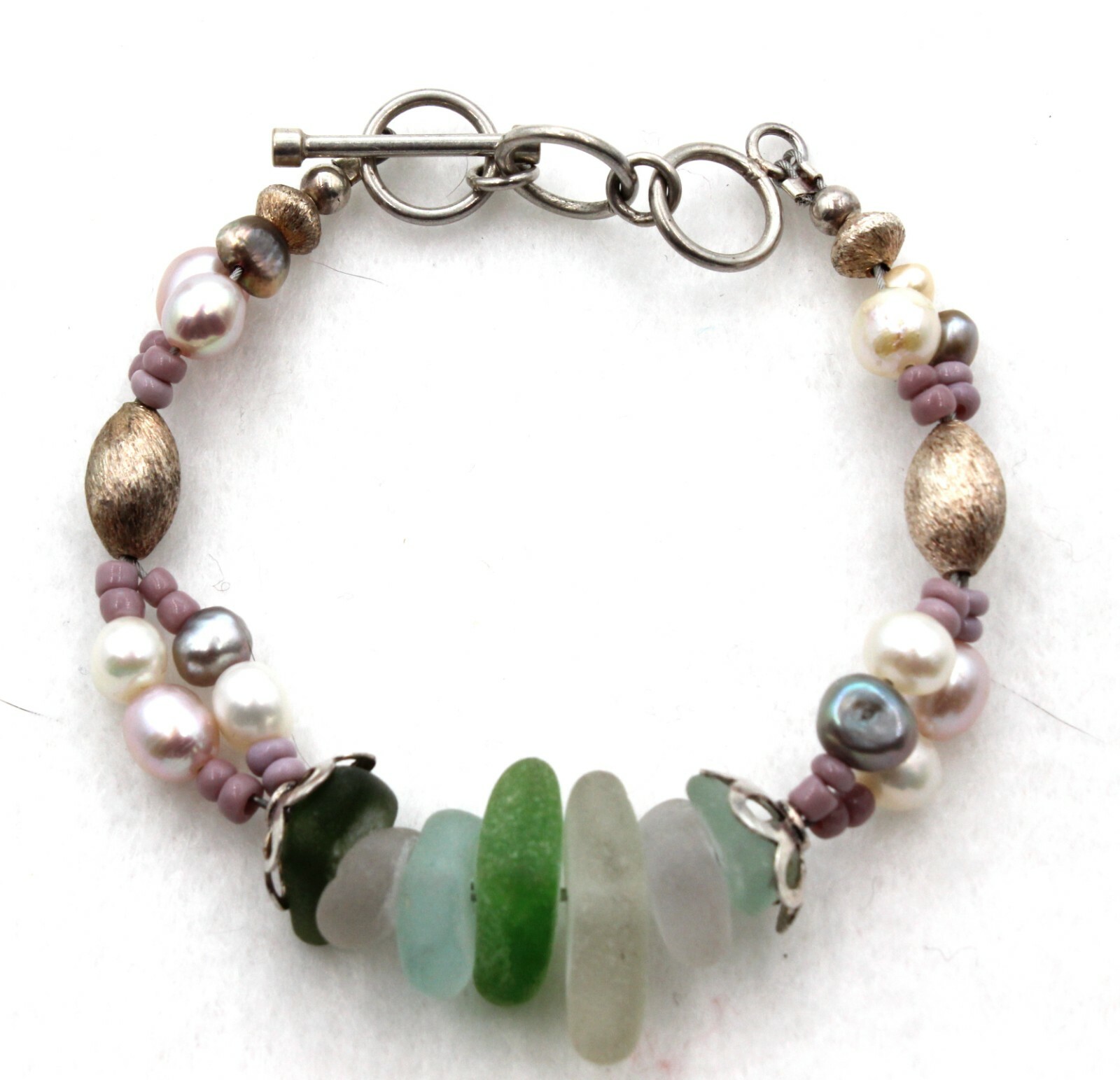 Handcrafted Sea Glass & Pearl Bead Toggle Bracelet 8" Adjustable ~ New No tag