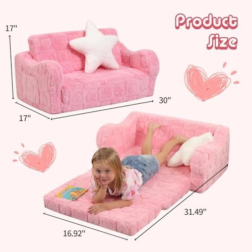 Toddler Couch, 2-in-1 Kids Soft Couch Fold Out with Star Large Blush Pink