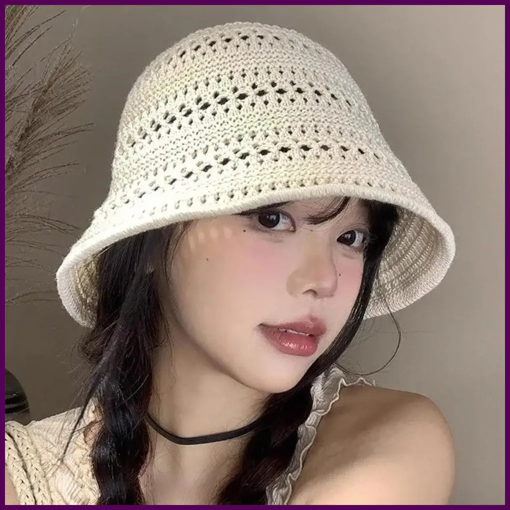 Summer Fashion Wide Brim Bucket Hat For Women Hollow Out Breathable Crochet Sun