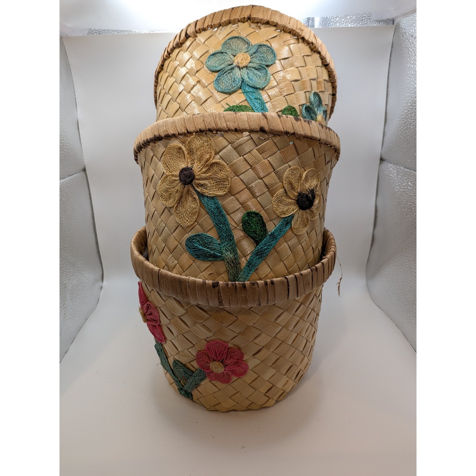 Vintage FTD Straw Woven Floral Raffia Planter Baskets Set of 3 Mid Century