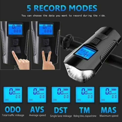 USB Rechargeable LED Cycle Bike Headlight + Rear Light Horn Speedometer Odometer