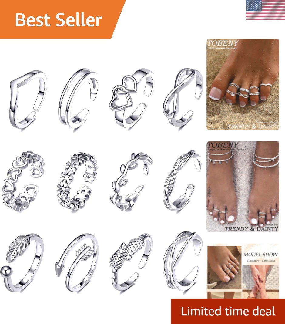 12PCS 14K Gold Plated Adjustable Toe Rings Set - Beach and Daily Jewelry
