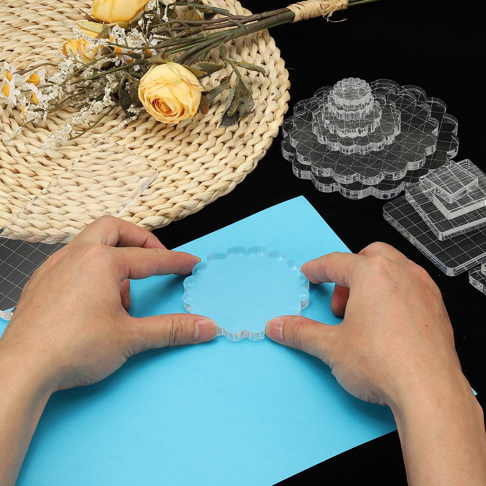 1.4" Acrylic Stamp Block, 6Pcs Stamping Block with Grid Lines Round
