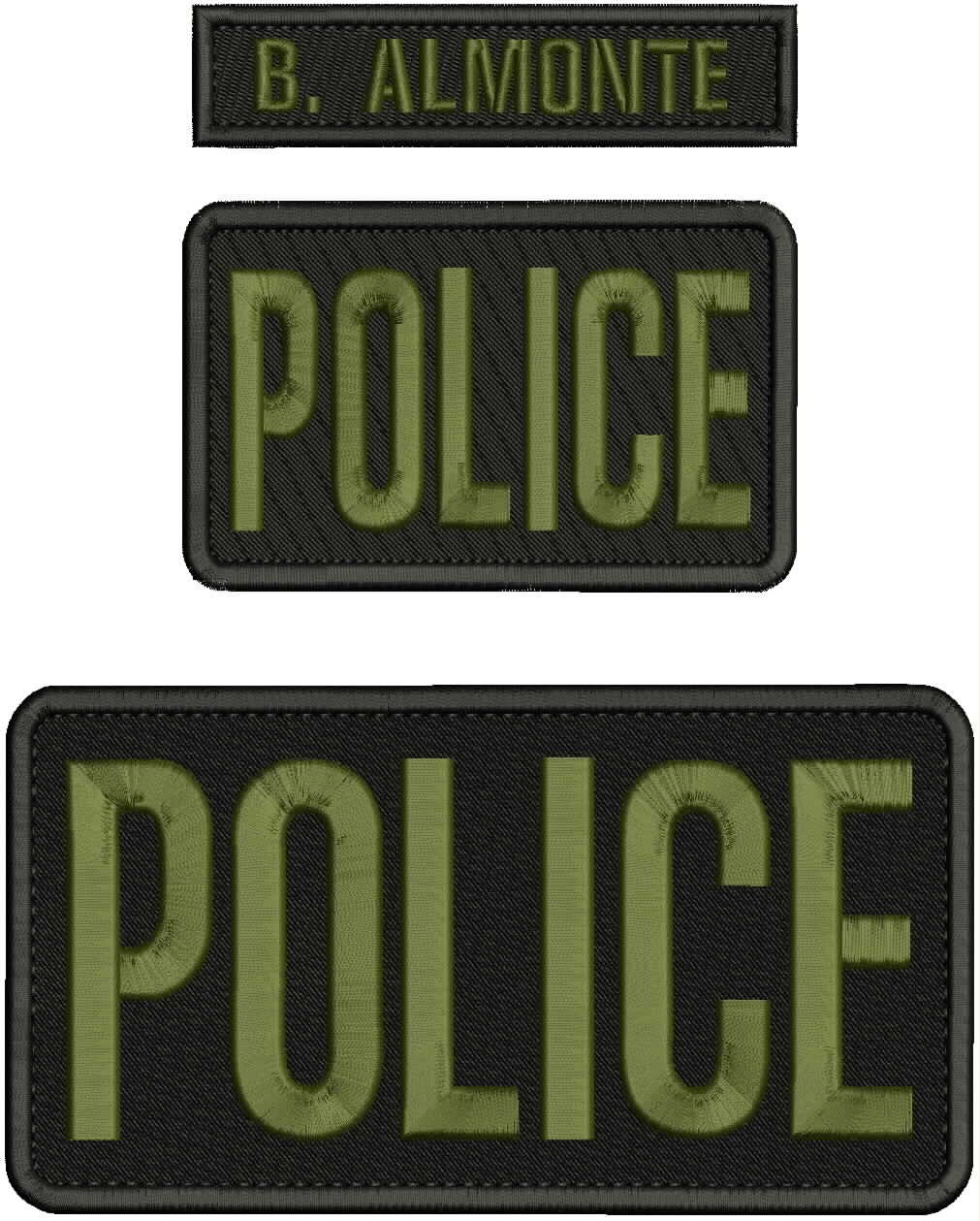 POLICE 3 EMBROIDERY PATCHES 4X8  3x5 & 1X5 HOOK ON BACK Od green ON BLACK