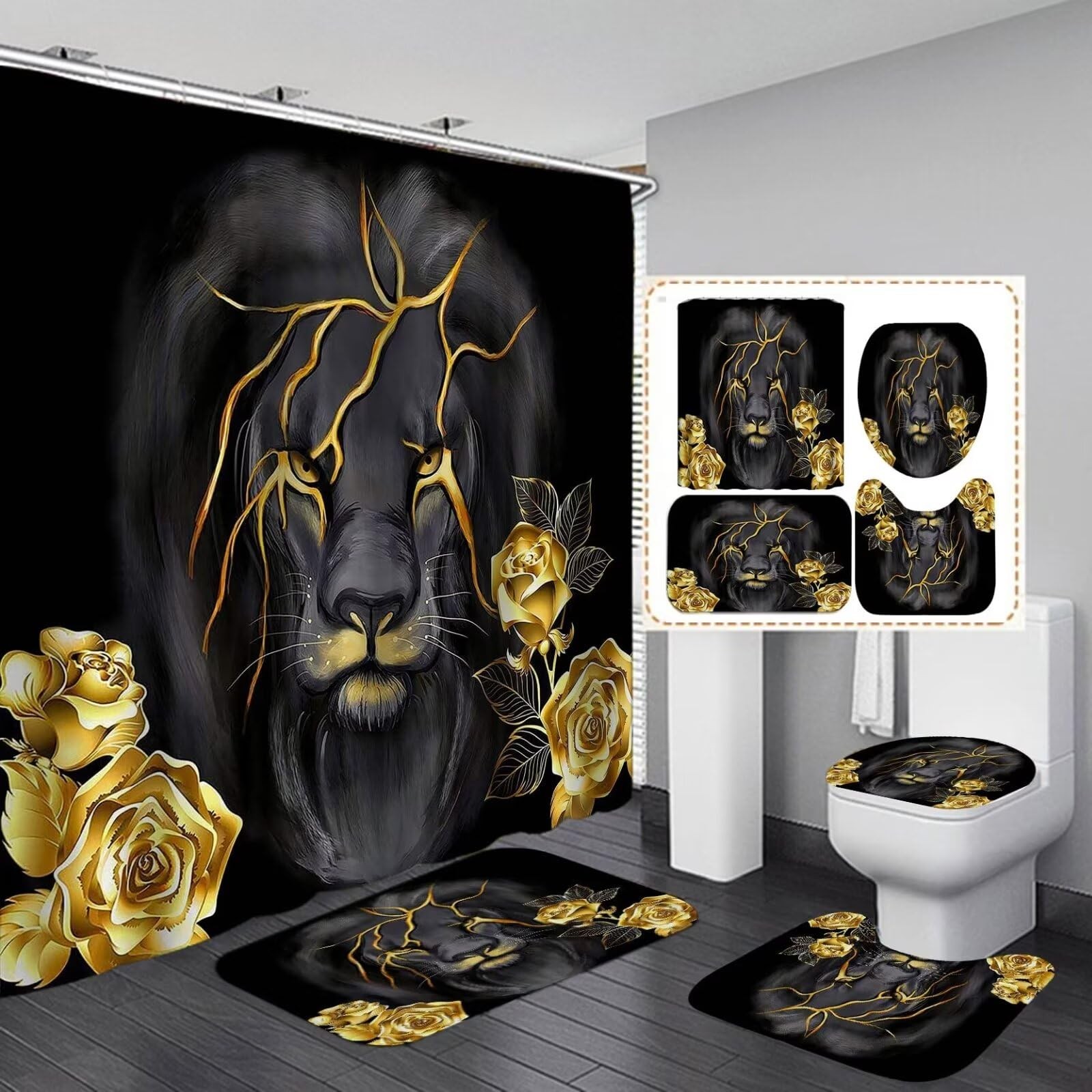 4 PCS Gold Rose Lion Bathroom Set, Shower Curtain Rugs Black Luxury Home Kit