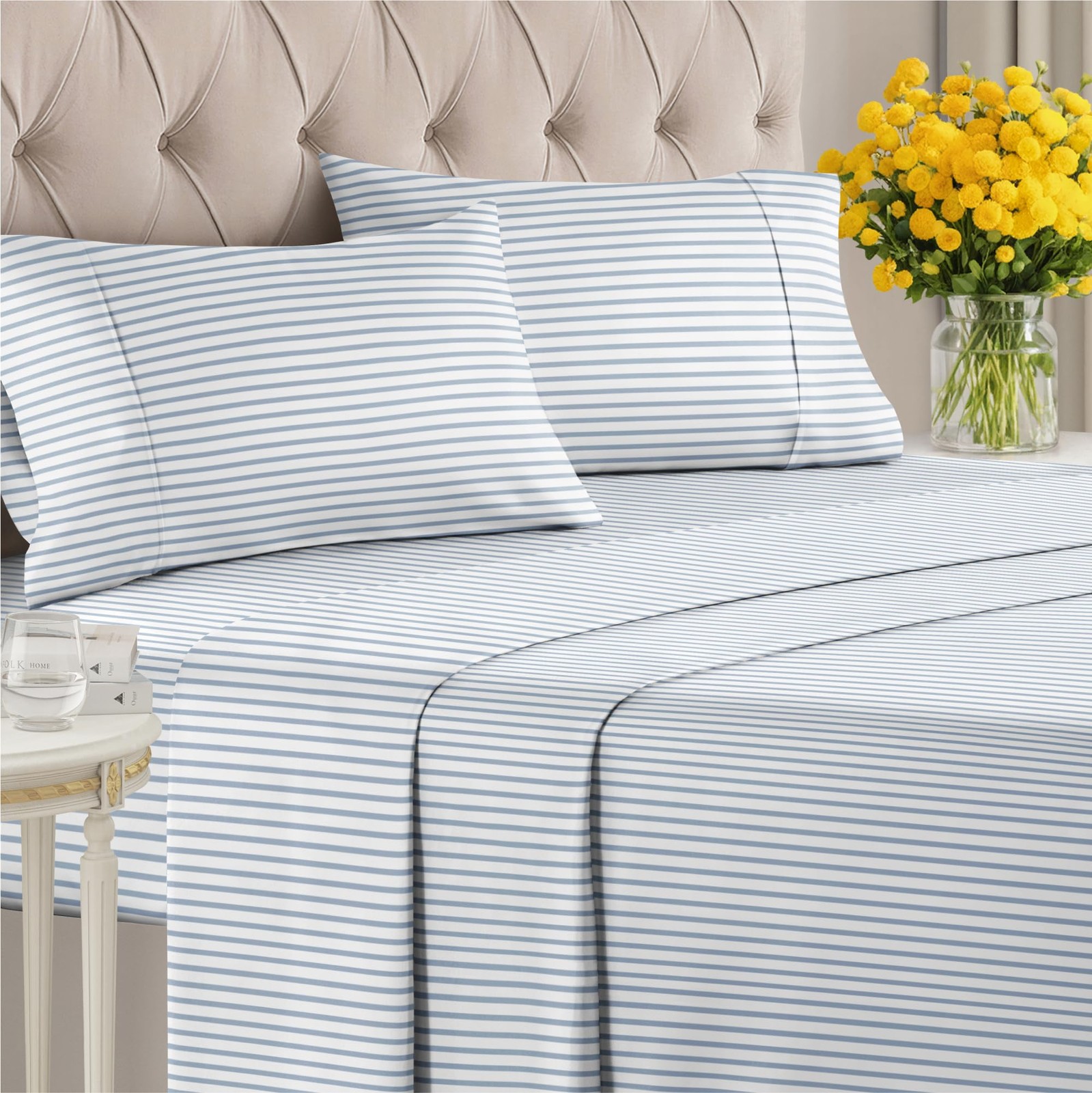 Striped Sheets - Blue & White Striped Sheets - 1 Flat & 1 Fitted & 2 Pillowca...