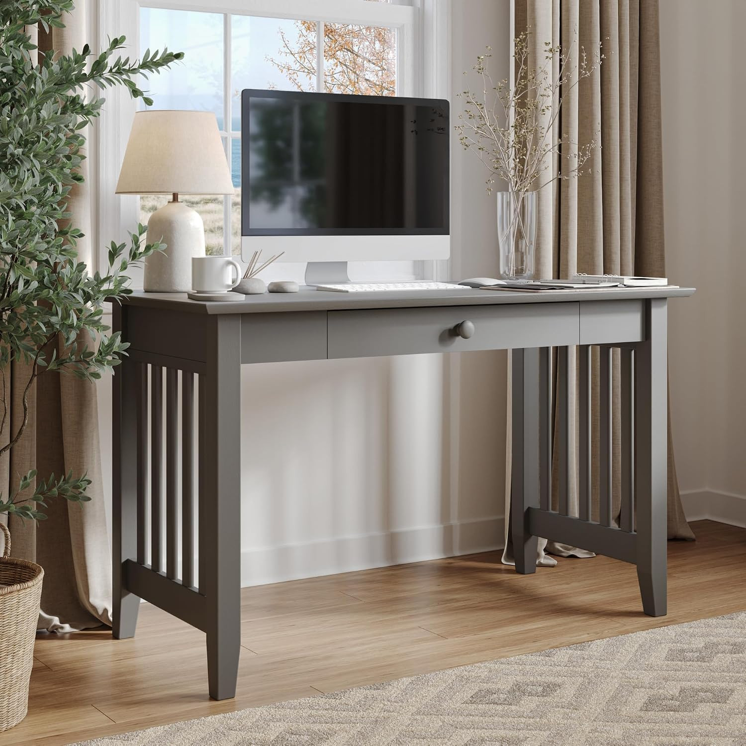 , Mission Solid Wood Writing Desk with Drawer, Grey