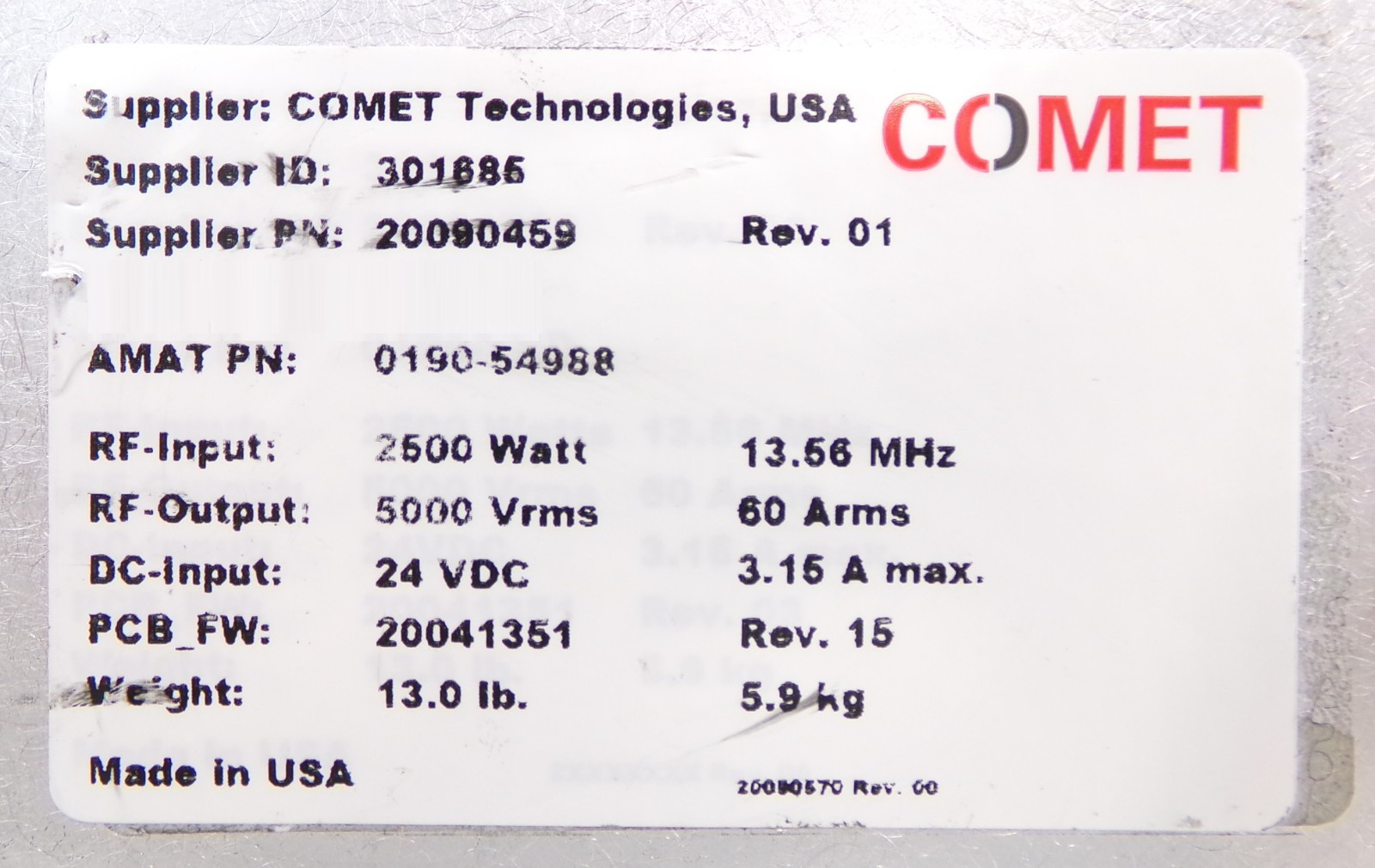 Comet Technologies 20090459 RF Match AMAT Applied Materials 0190-54988 Working