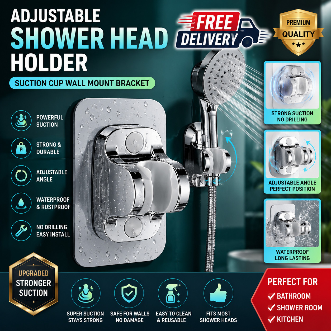 Adjustable Shower Head Holder Suction Cup Handheld Wall Mount Bathroom Bracket