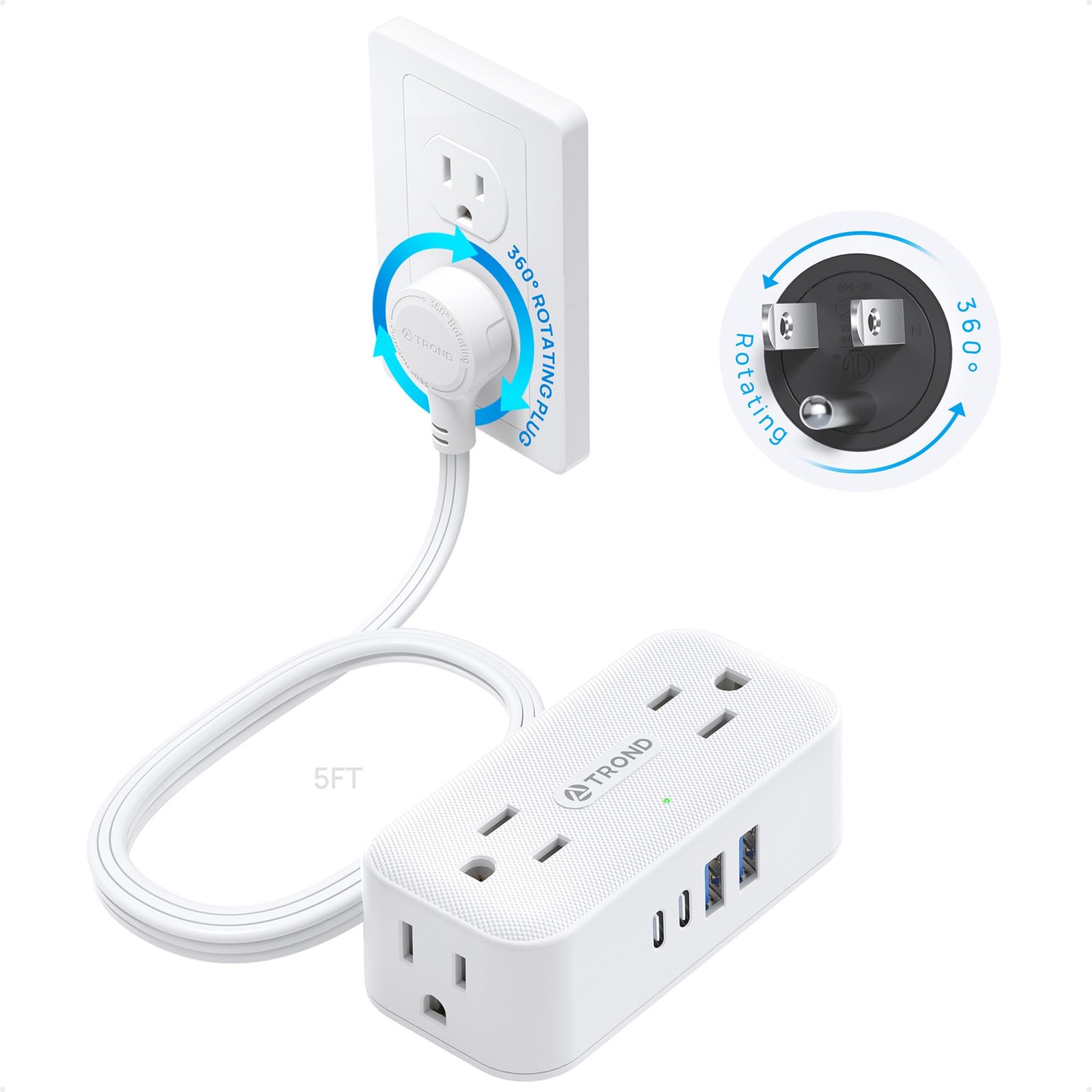 360 Rotating Flat Plug Power Strip 5ft 4 AC Outlets 4 USB Ports Surge Protector