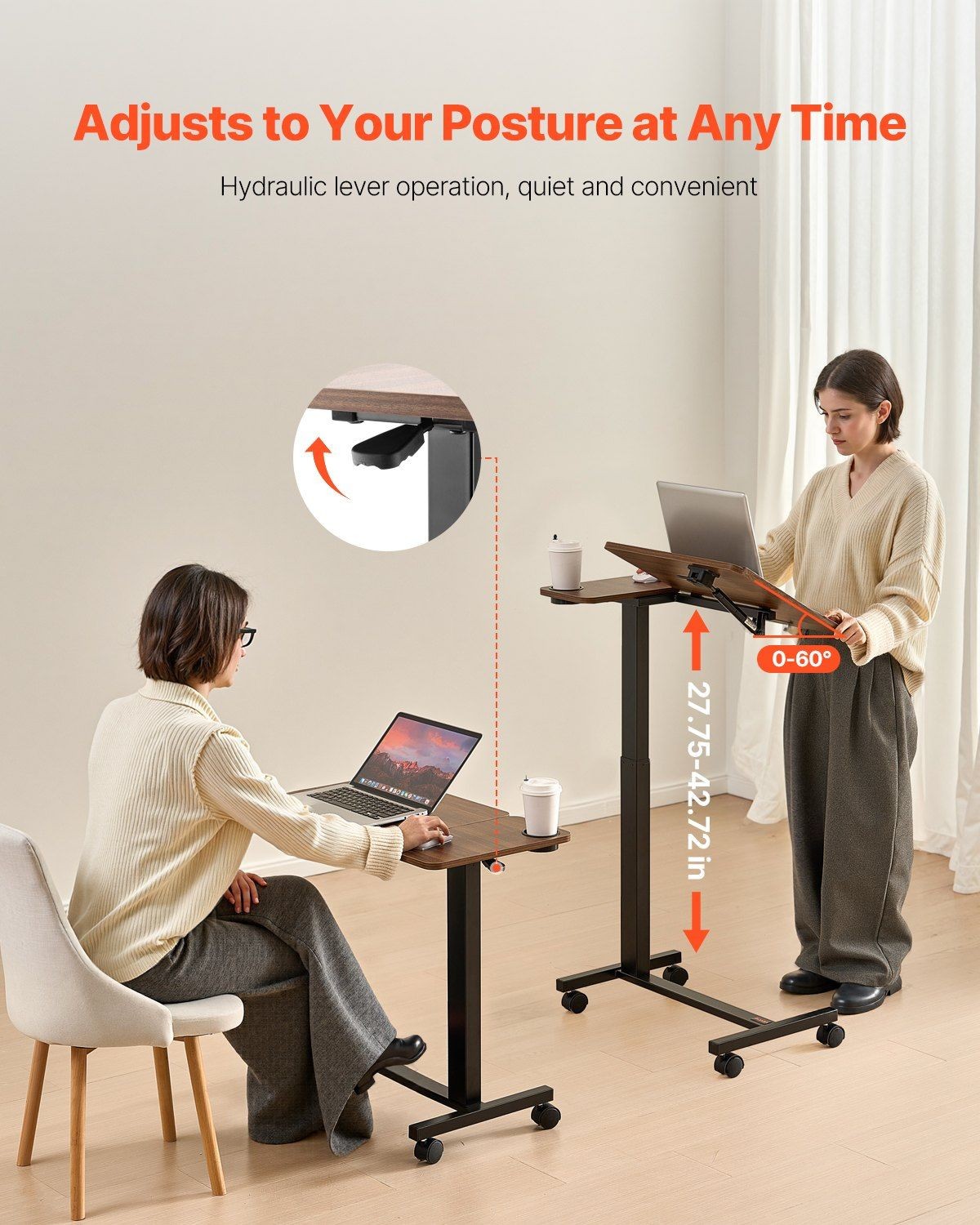 Overbed Table with Flip Top - Adjustable Height & Angle, 4 Wheels, Cup Holder