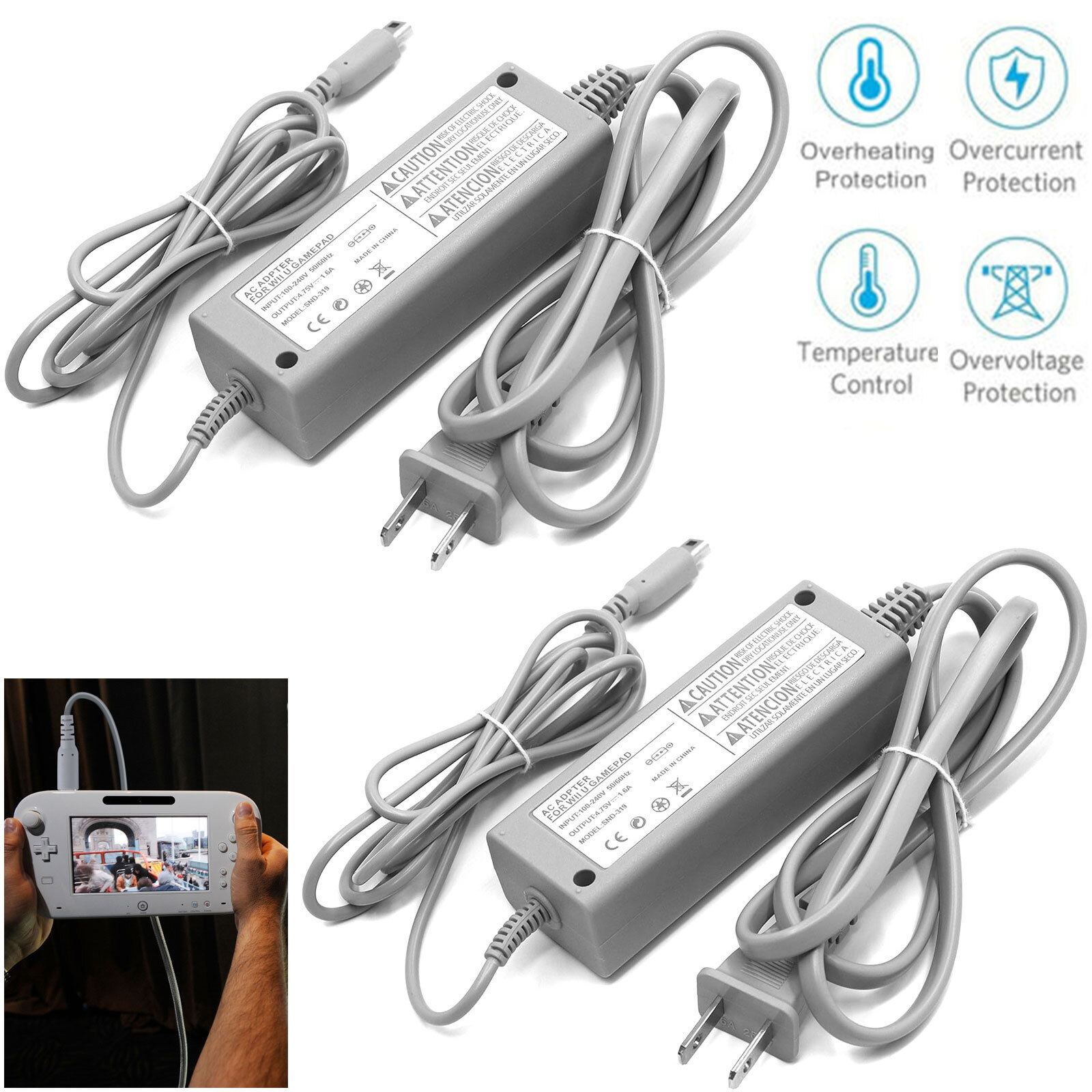 2 PACK AC Power Supply Charging Adapter Cable Charger For Nintendo Wii U GamePad