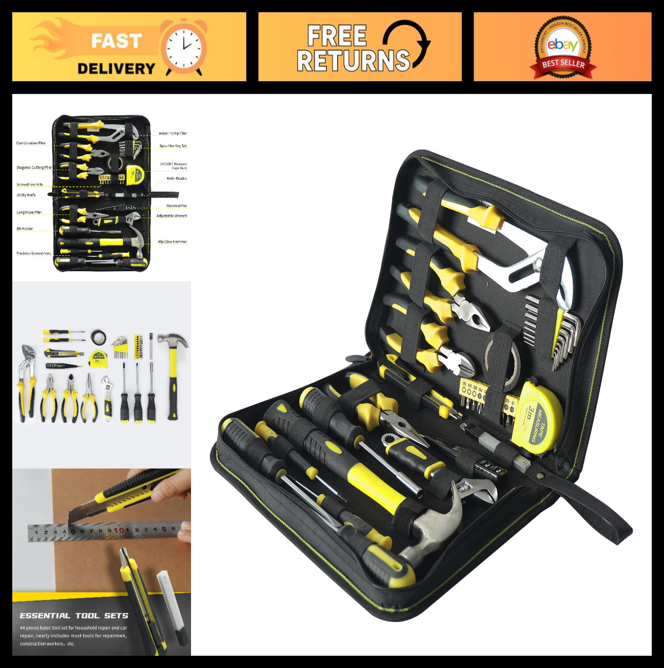 44-Piece DIY Hand Tool Set - Essential Repair Kit with Carrying Bag for Home Use