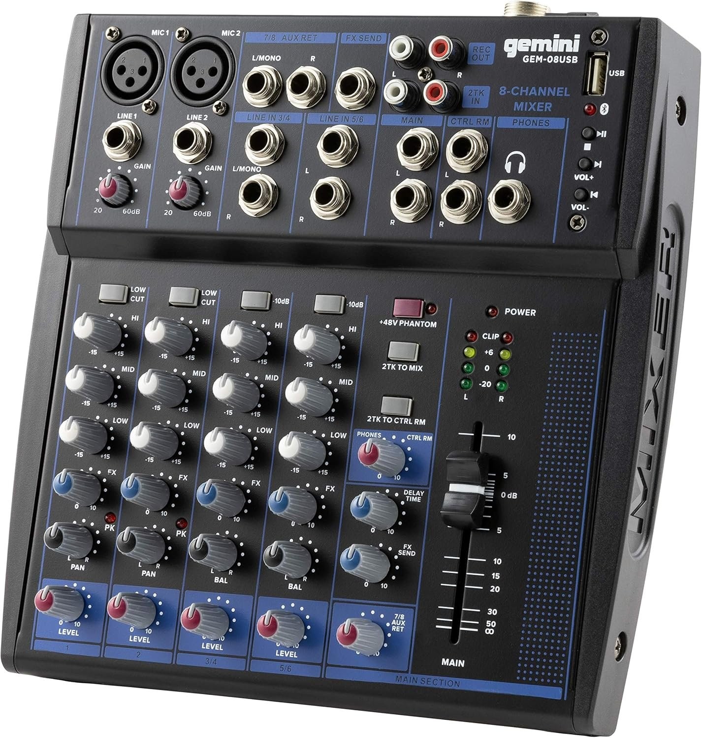 Gemini GEM-08USB Compact 8 Channel Bluetooth Audio Mixer With USB - Bluetooth...