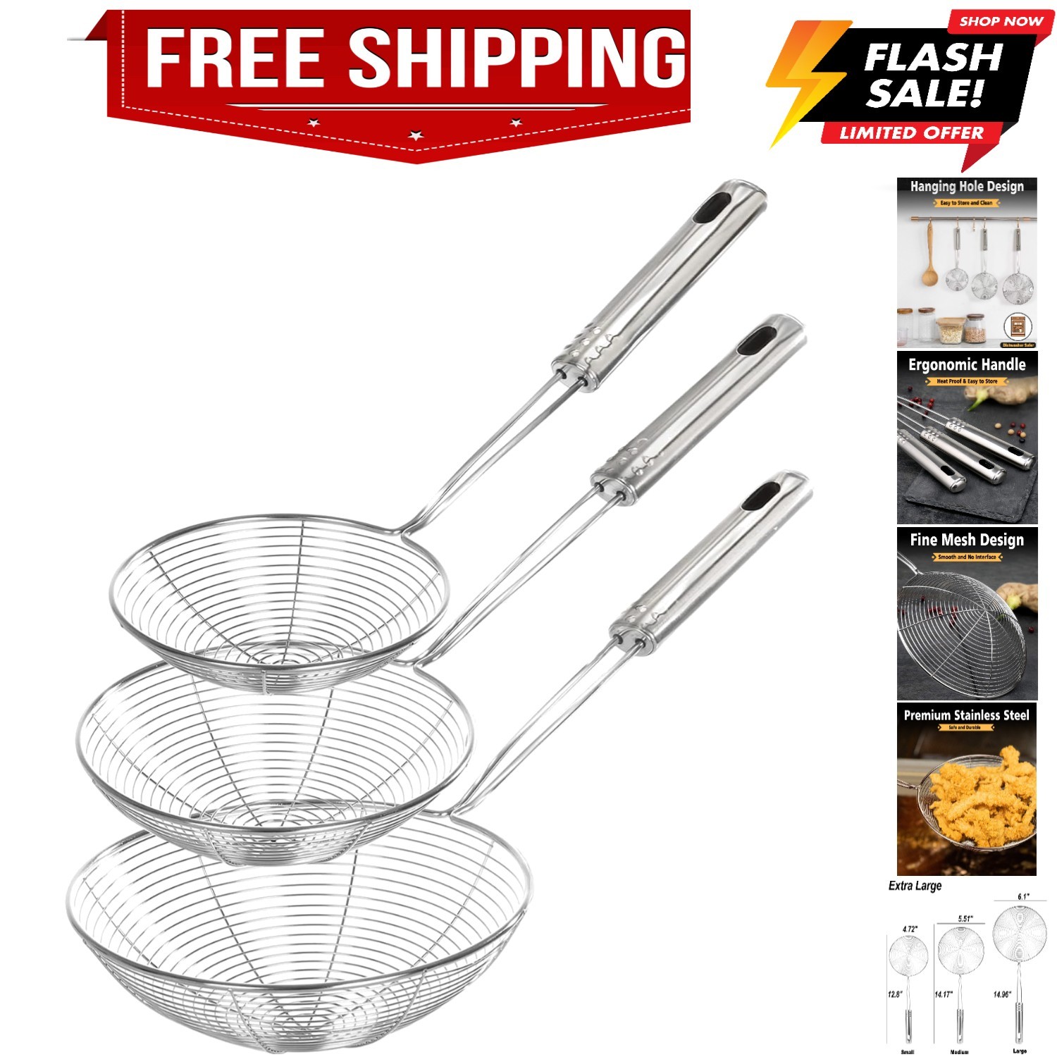 Enhanced Version Stainless Steel Spider Strainer Skimmer Ladle, Set of 3 Size...