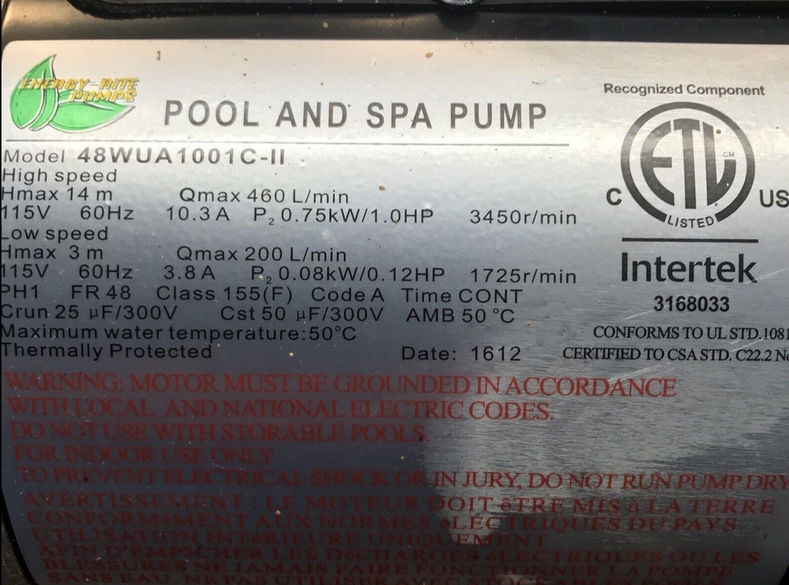 1HP WUA 100 Hot Tub Pump Wet End 48Fr fits Intertek LX Pumps 2" X 2"