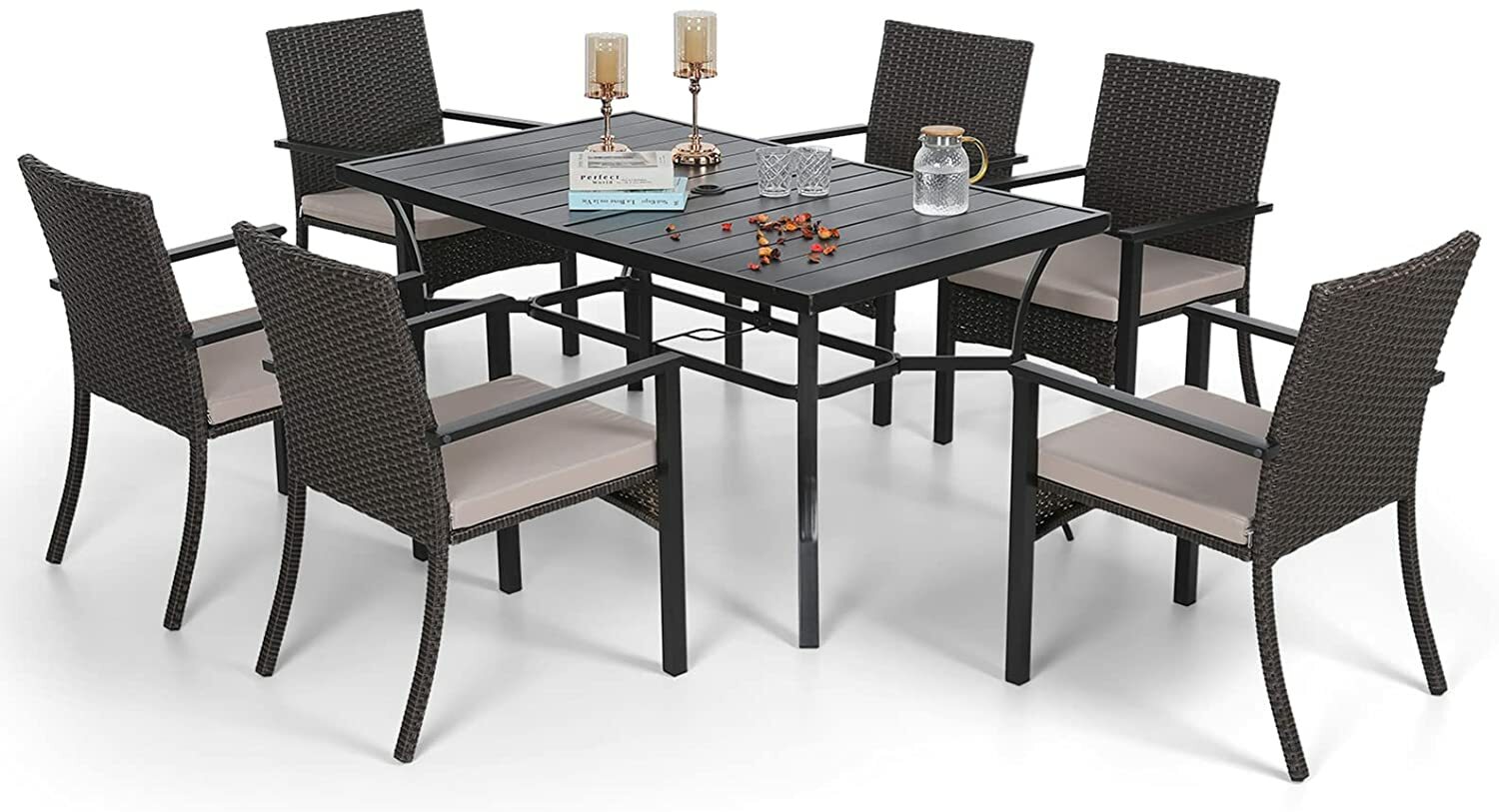 7 Pieces Patio Furniture Outdoor Dining Set Rattan Chair Metal Table Rectangular