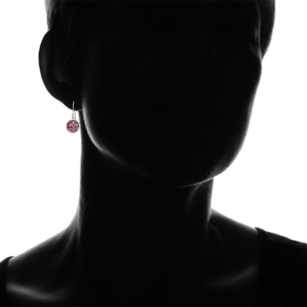 10mm Round Bezel-Set Multi Color Glitter Sterling Silver Dangle Earrings