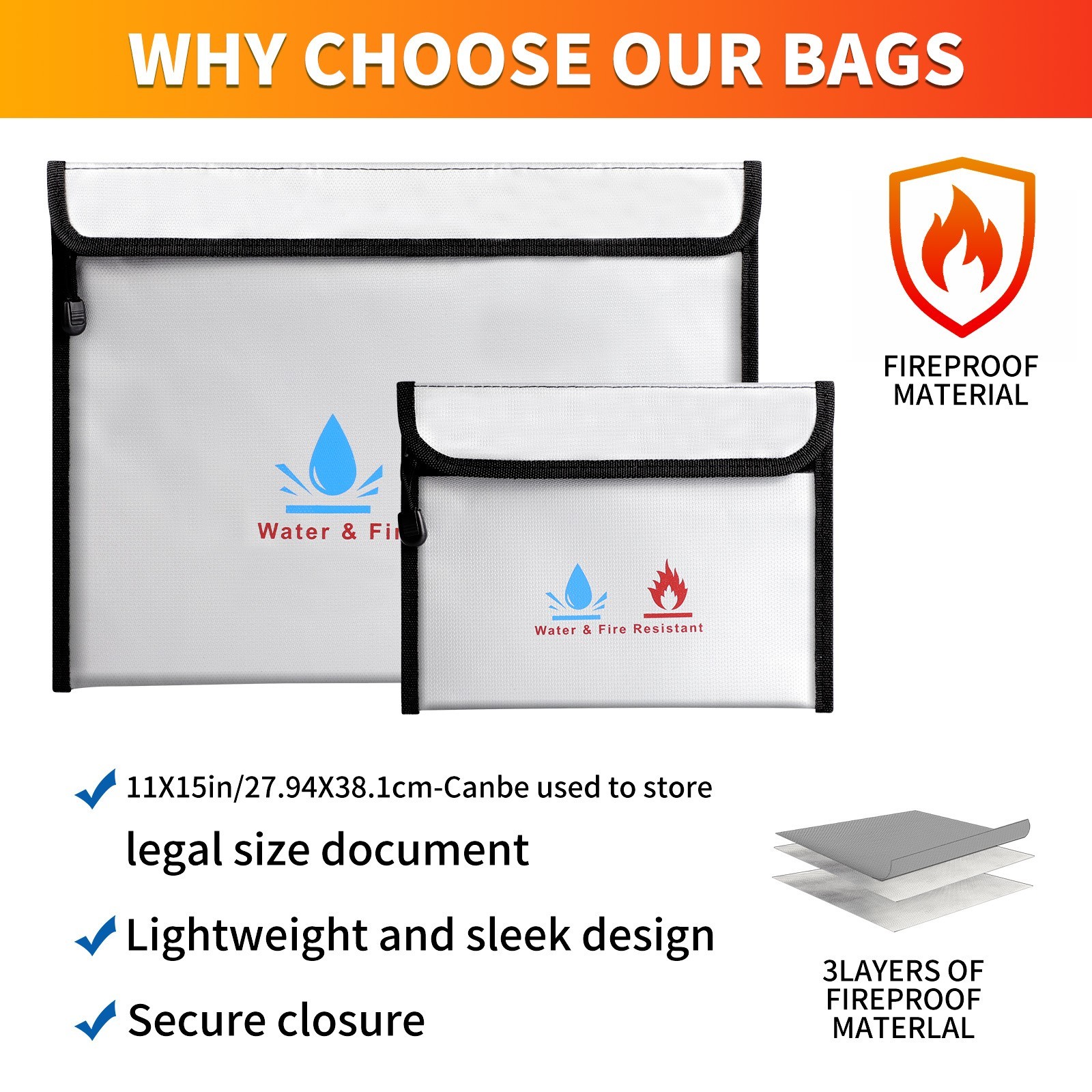 Fireproof Document Cash Storage Bags 2 Pack Waterproof Safe Pouch