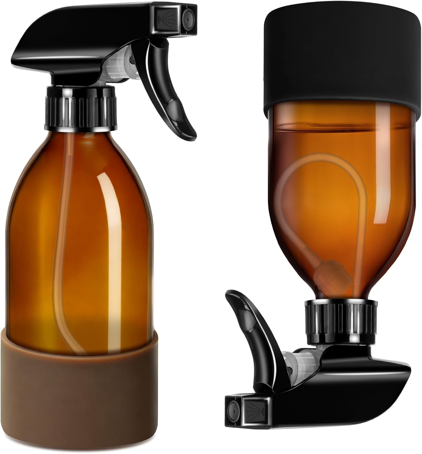 2 Pack 360° Amber Glass Spray Bottles with Silicone Sleeve, 8 Oz Empty Refill...