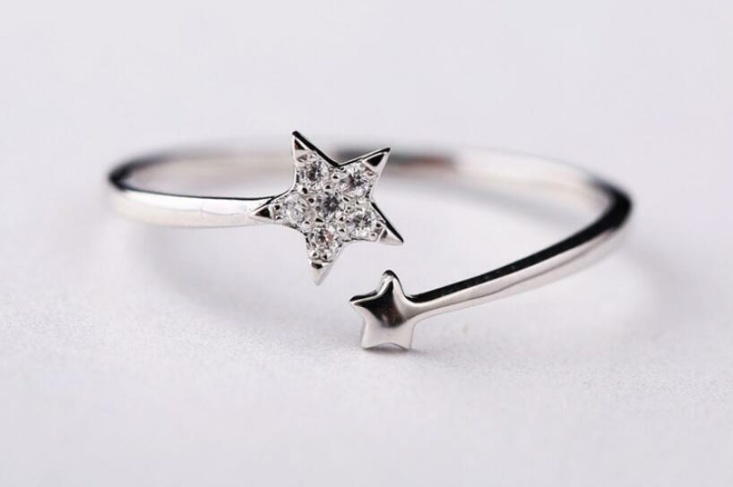 Pave CZ Silver Star White Gold Engagement Wedding Party Adjustable Ring