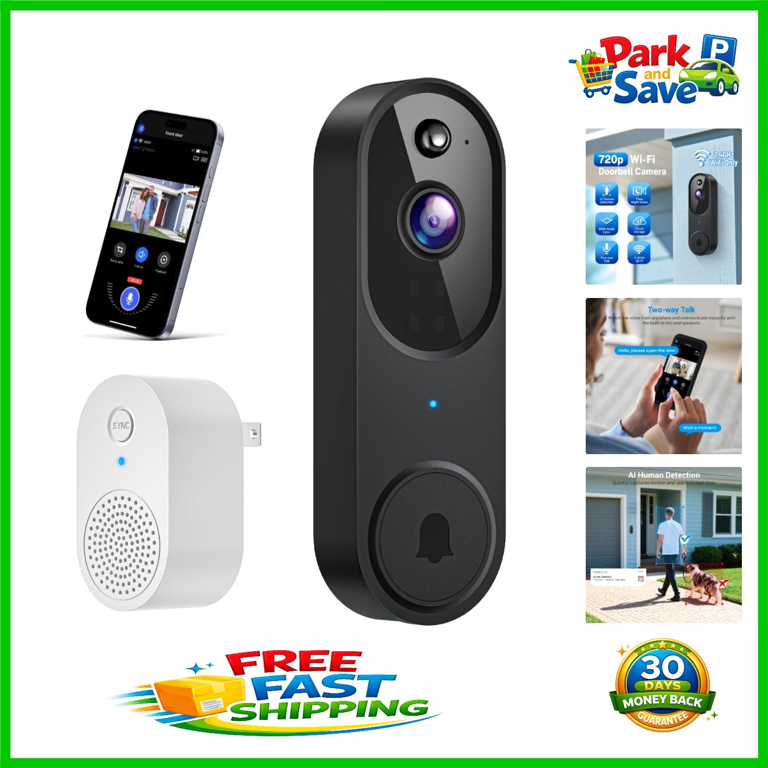Weather-Resistant Wi-Fi Video Doorbell Camera with AI Alerts & Night Vision