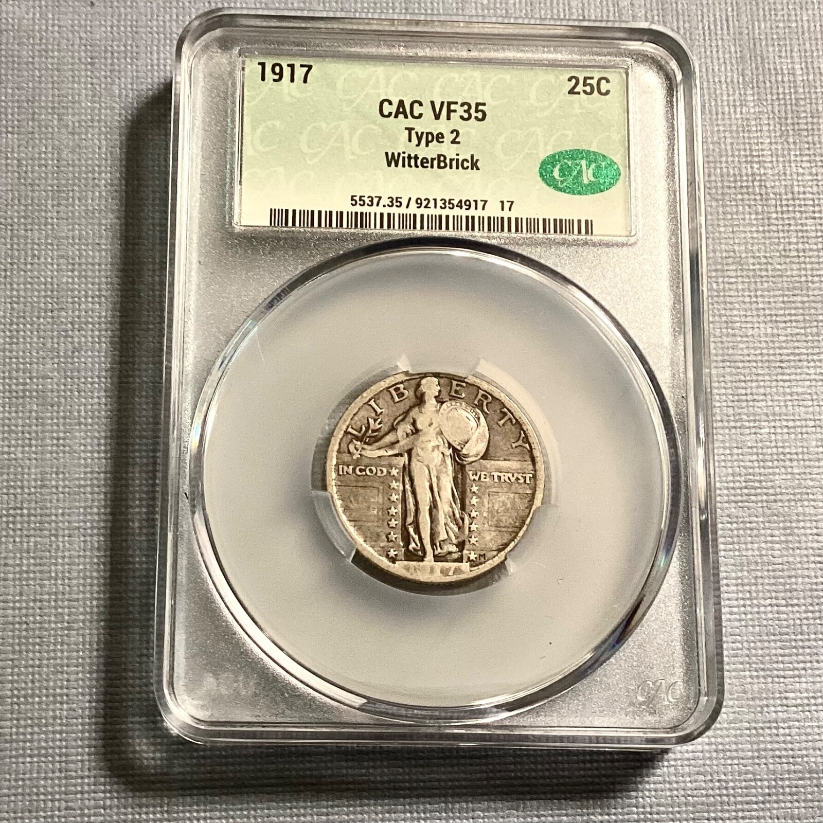 1917 Type II Standing Liberty  Quarter 25 Cents - CAC VF 35