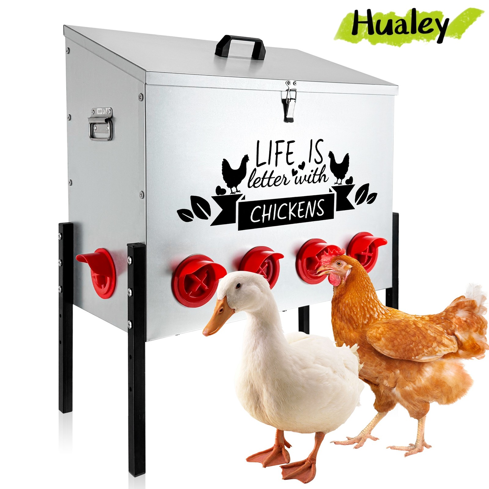 Extra Large 95lb Farm Chicken Feeder, Galvanized Metal Multi-Port Poultry Feeder