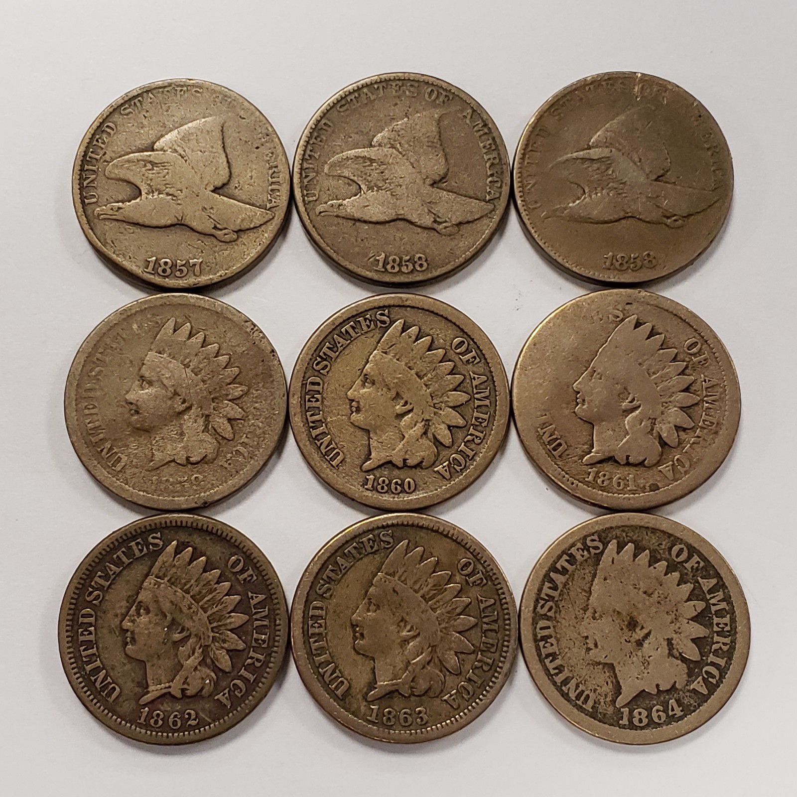 1857-1864 1c Indian Head Small Cent - Complete 9 Coin Copper-Nickel Set - U2894