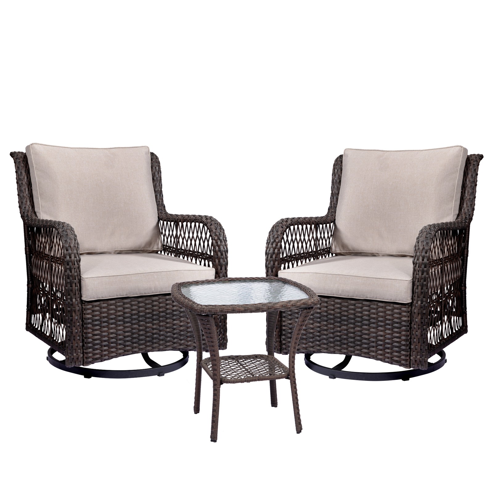 3Pcs Patio Furniture Set, Outdoor Swivel Wicker Chairs, with Rattan Side Table