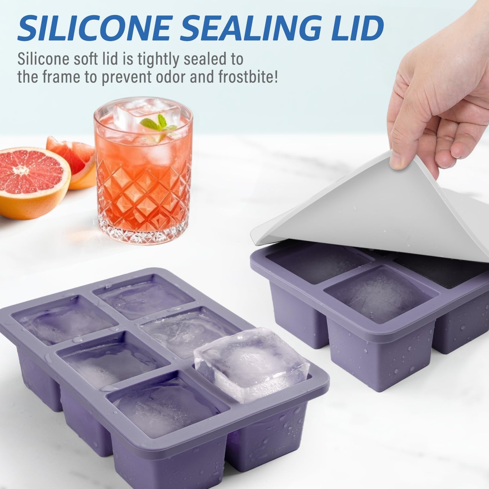 Large Silicone Ice Cube Trays with Lids, 2 Pack, Makes 2-Inch Cubes