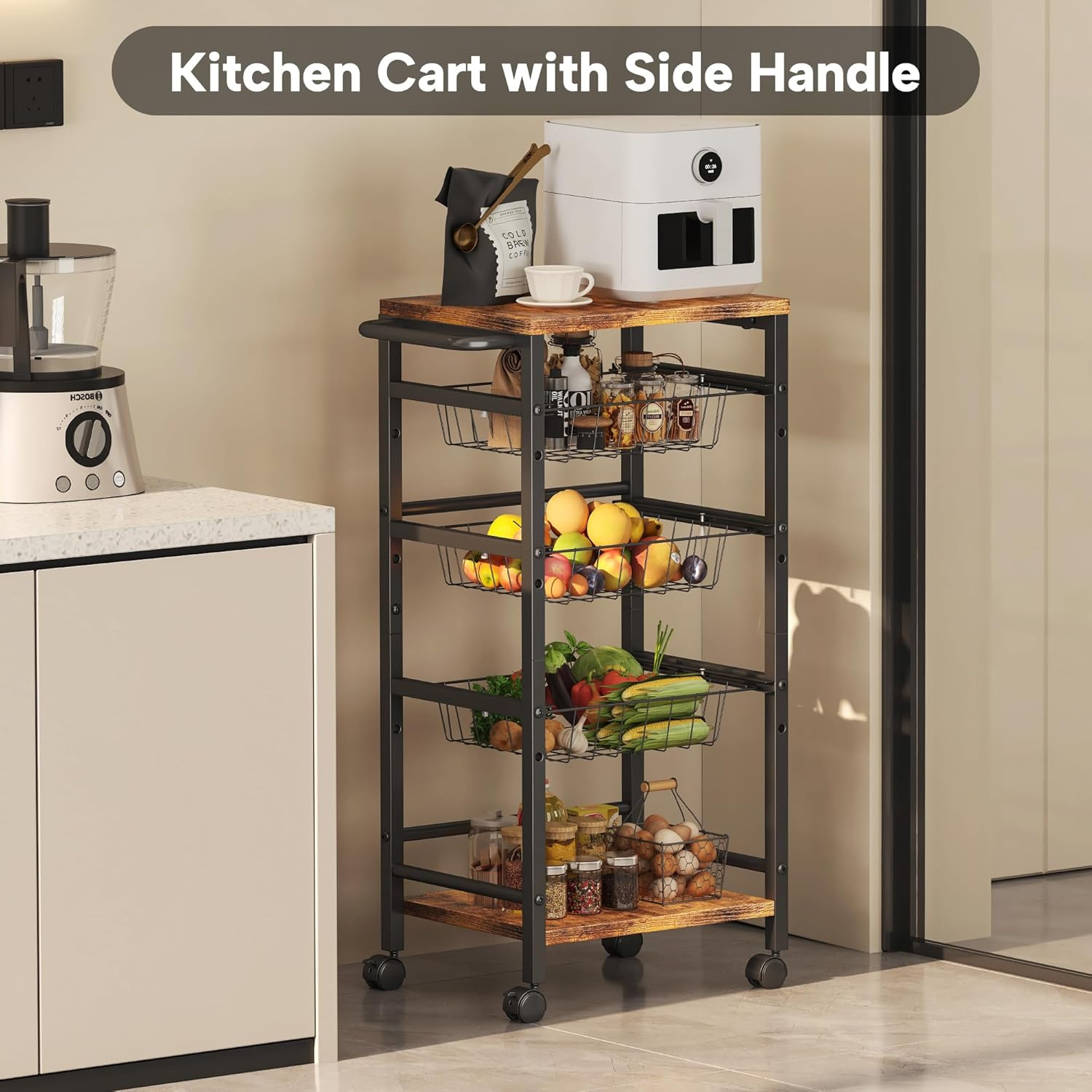 5-Tier Snack Organizer Cart with 3 Height Adjustable Pull-Out Baskets and 2 Stor