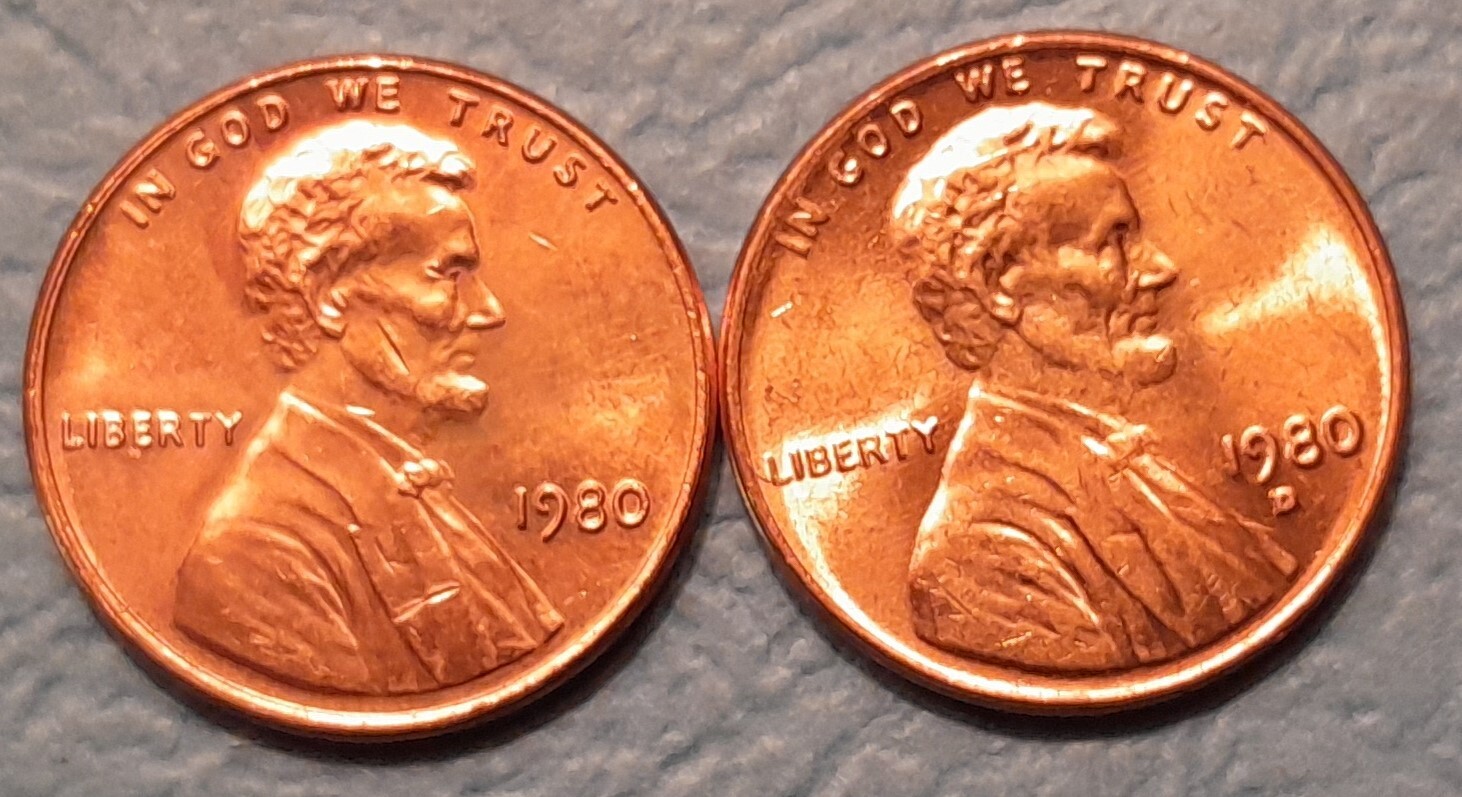 1980 P&D Brilliant Uncirculated Lincoln Cents(2 coins) Ships Free. BU condition.