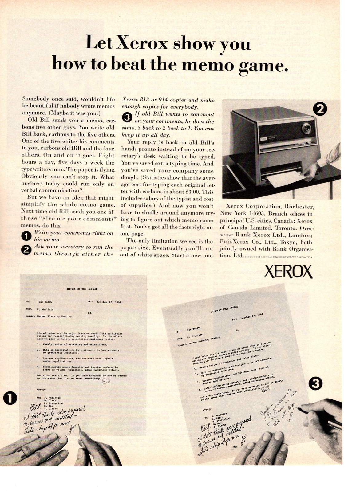 1964 Xerox Corporation 813 914 Copiers Rochester New York "Office Memo" Print Ad