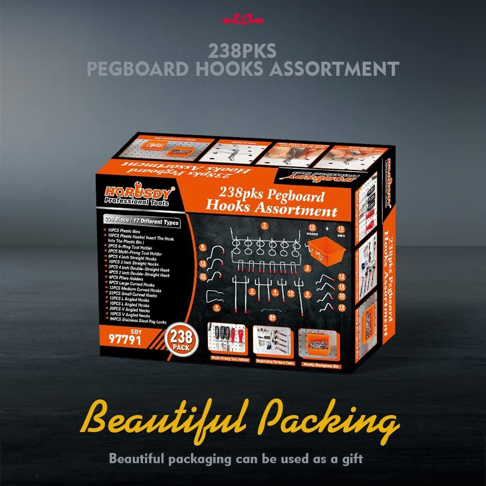 238-Piece Pegboard Hooks Assortment, Pegboard Accessories with Pegboard Bins