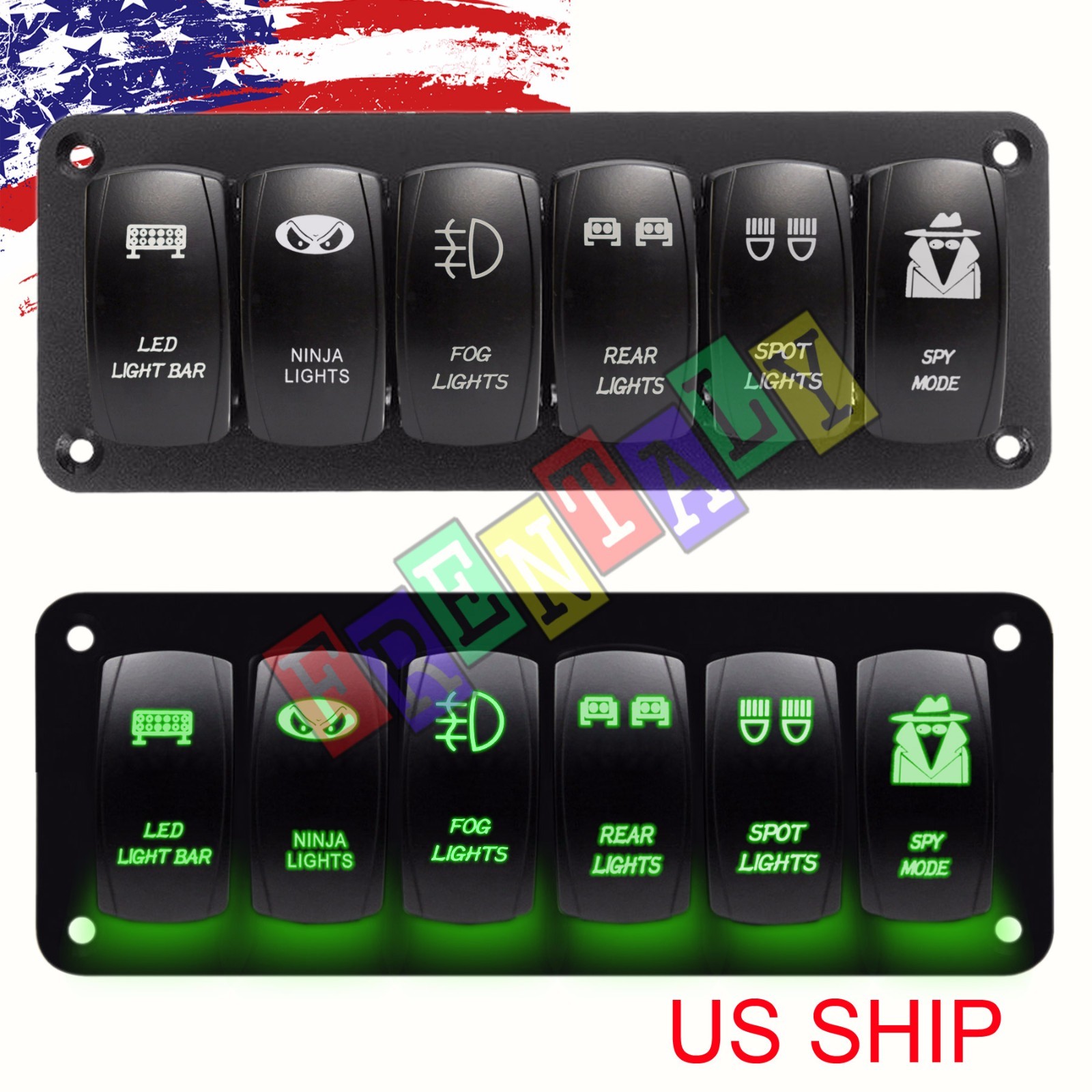 Green Car Marine Boats 6-Gang Waterproof Circuit LED Rocker Switch Panel Breaker
