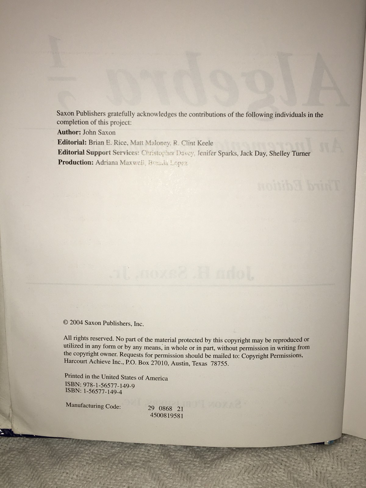 Saxon Math Algebra 1/2 An Incremental Development Third Edition Textbook 2004