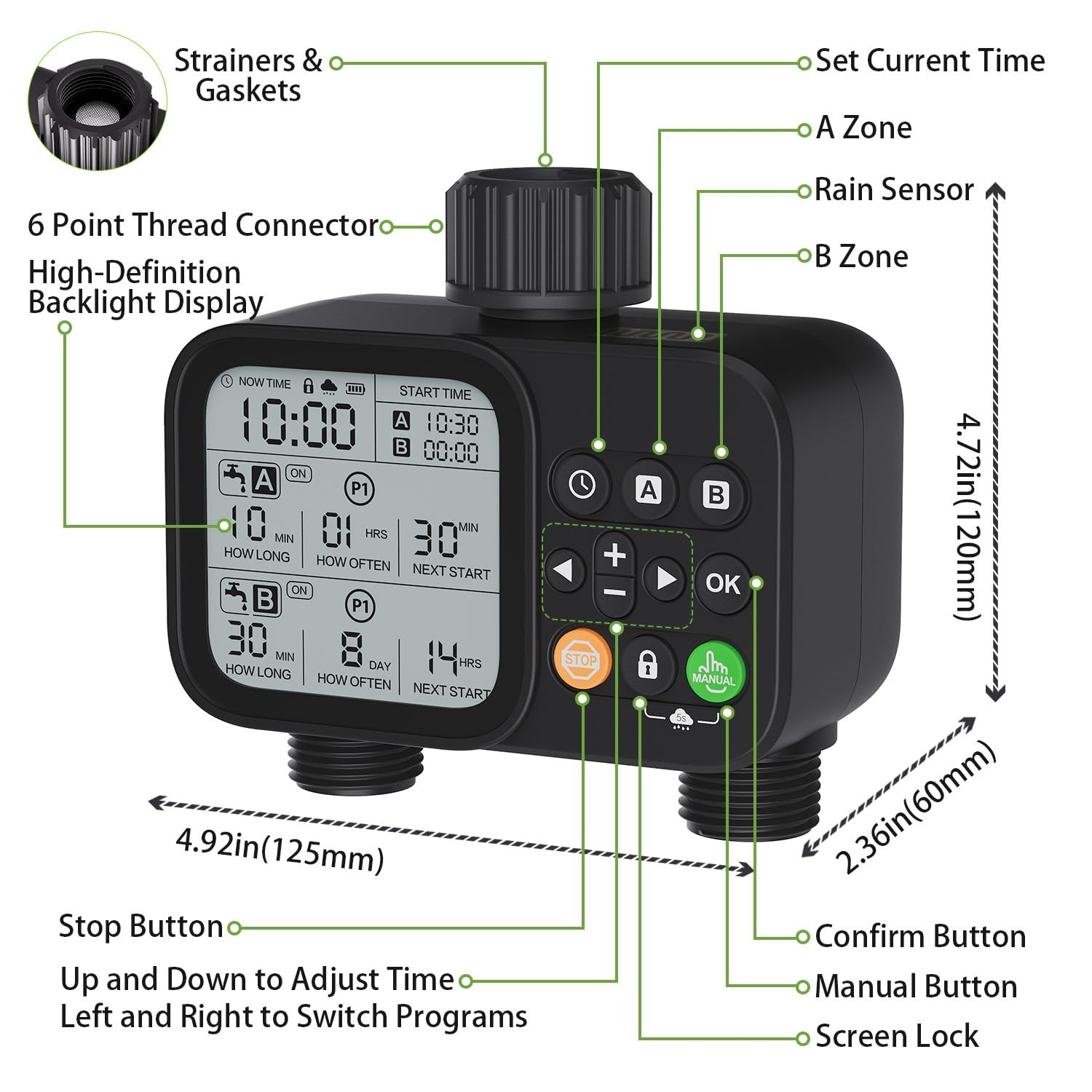 Programmable Dual Outlet Sprinkler Timer with Rain Delay for Garden Irrigation
