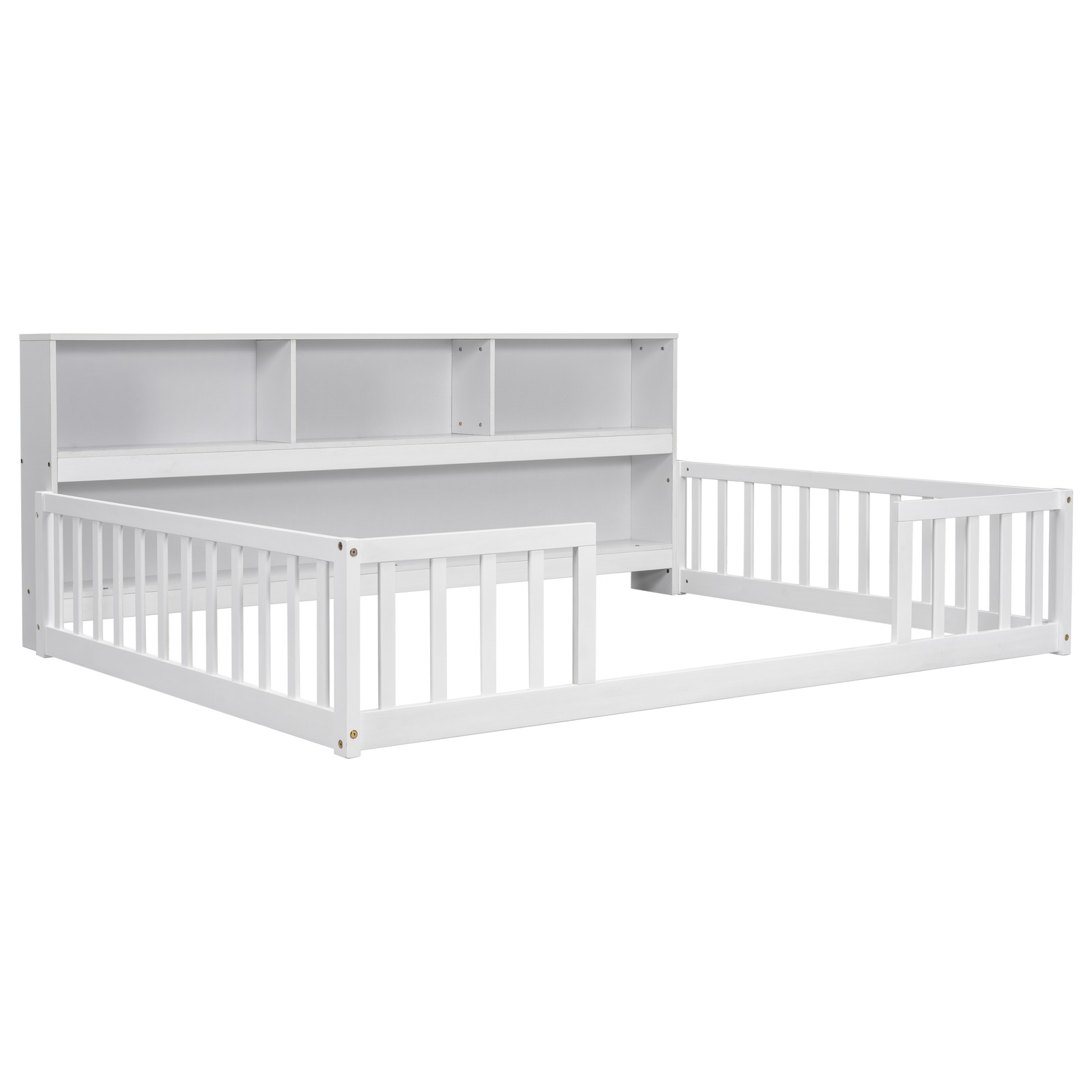 Full Size Floor Bed w/ Bookcase & Guardrails, White, Sturdy Pine Frame