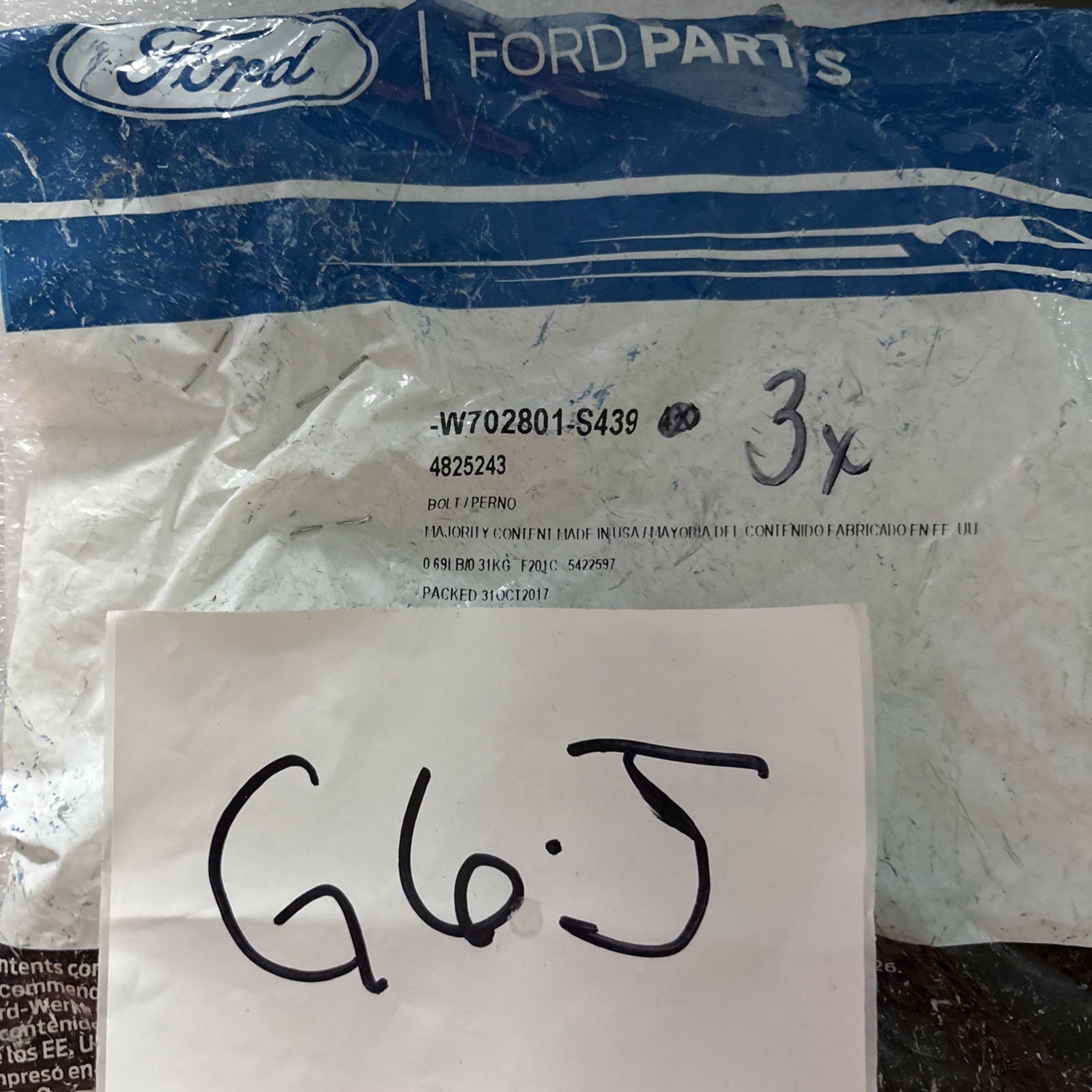 OEM NEW Genuine 2008-2011 Ford Lower Bracket M12 Bolt W702801-S439 (3 Pack)