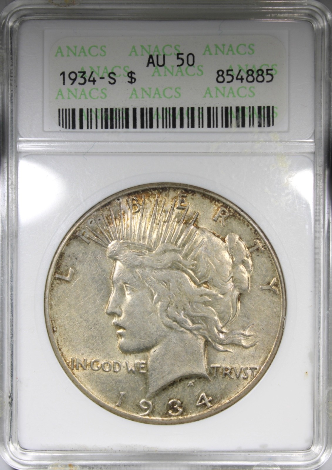 1934-S Peace Dollar ANACS AU50 Circulated Key Date Soapbox Holder