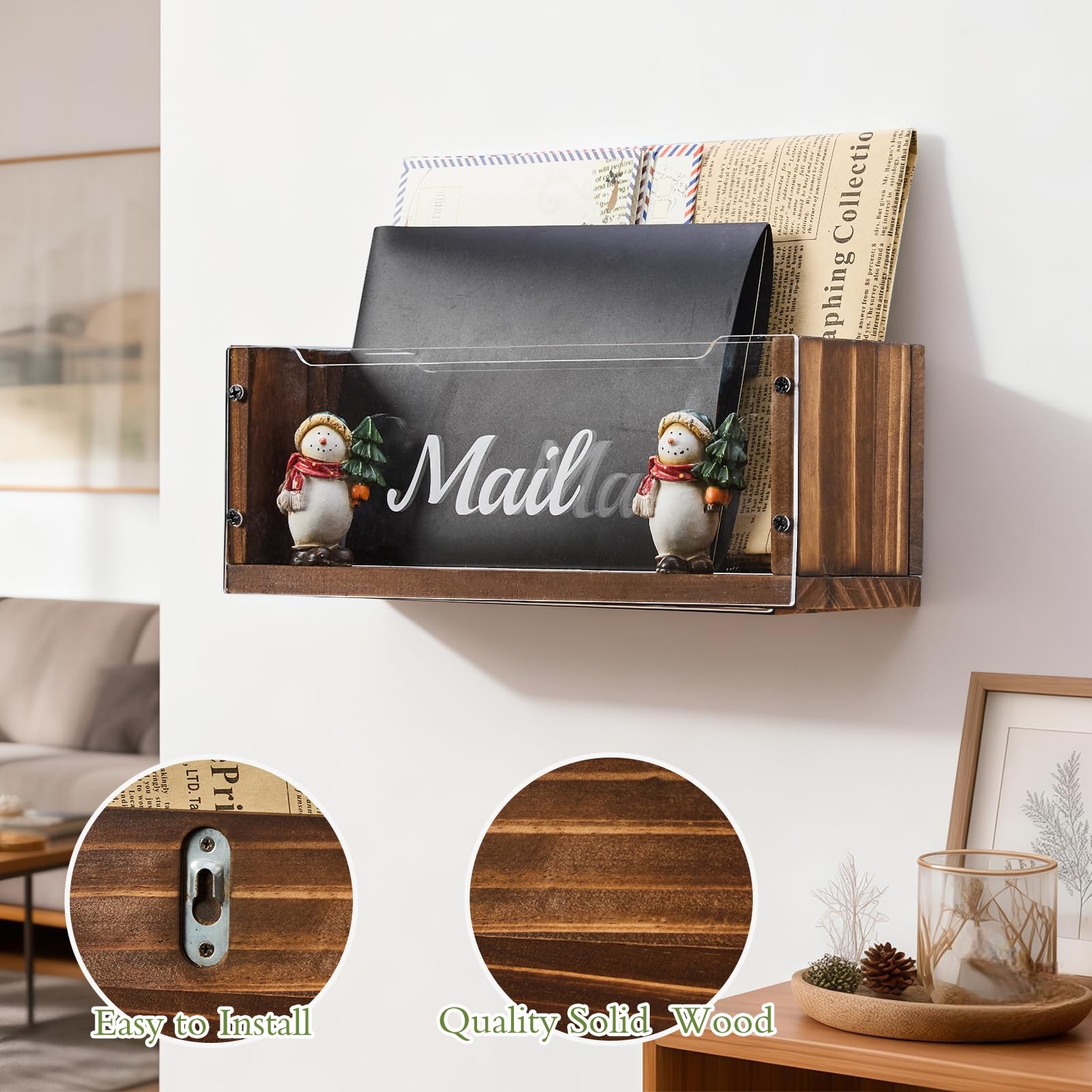 Clear Acrylic Divider 2 Slot Mail Holder Solid Wood Desktop Organizer