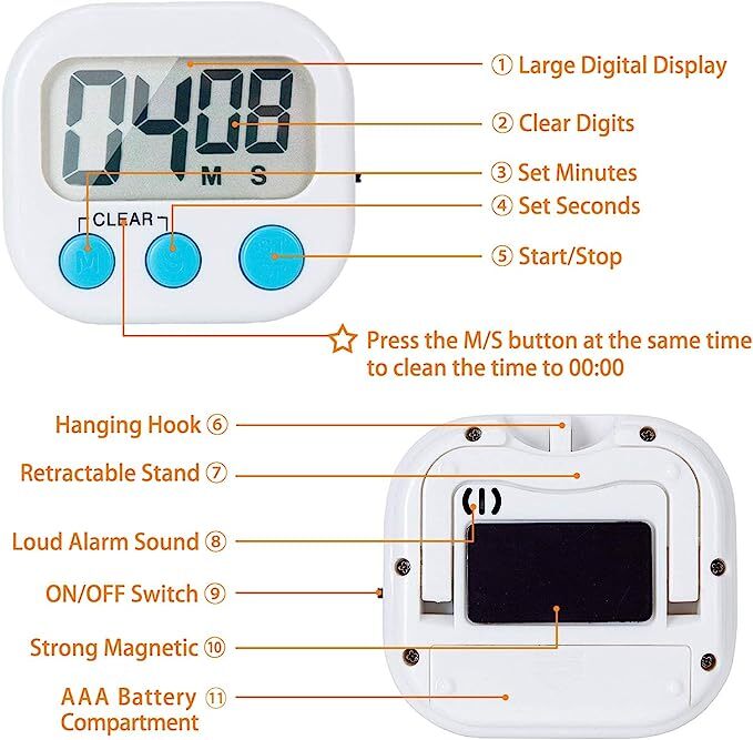 Portable Small Digital Kitchen Timer Magnetic Back and ON/Off Switch