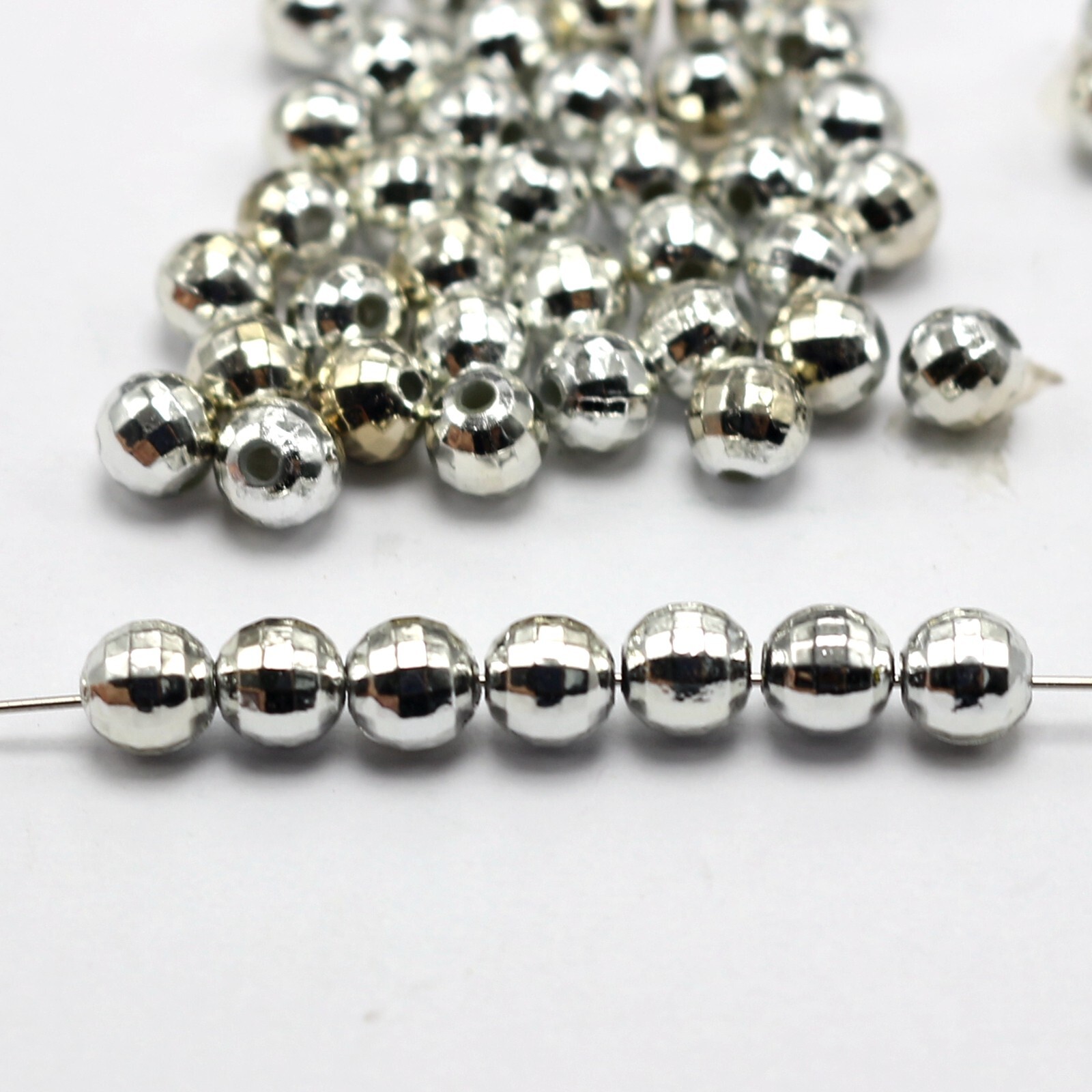 200 Silver Tone Faceted Round Plastic Spacer Beads 8mm Disco Ball