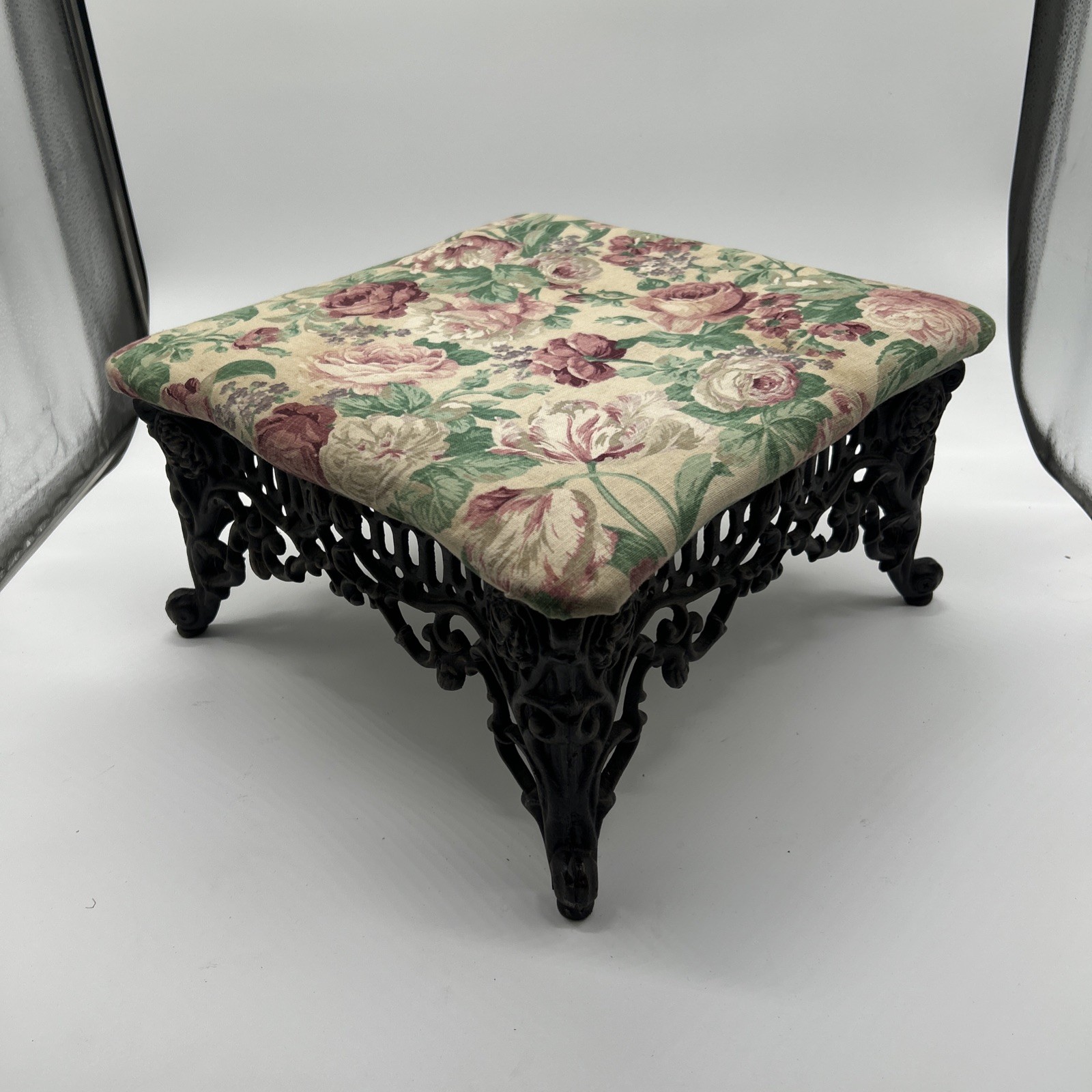 Antique Victorian Style Black Cast Iron Toile Upholstered Foot Stool